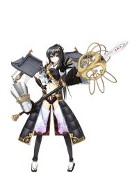 Rule 34 | 1girl, armor, beads, black hair, castle, full body, gloves, holding, holding staff, kanzaki karuna, long hair, looking at viewer, midriff, navel, official art, oshiro project:re, oshiro project:re, otaki (oshiro project), outstretched arm, polearm, ponytail, prayer beads, purple eyes, shachihoko, short sleeves, solo, spear, staff, standing, transparent background, weapon
