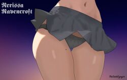 Rule 34 | 1girl, black panties, black skirt, close-up, copyright name, dark skin, good thighs day, gradient background, head out of frame, hololive, hololive english, lower body, midriff, miniskirt, mole, mole on thigh, navel, nerissa ravencroft, panties, pantyshot, skirt, solo, standing, thedarkenjoyer, thigh focus, thigh gap, thighs, underwear, virtual youtuber