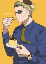 Rule 34 | 1boy, animal ears, beret, blonde hair, blue shirt, character hat, collared shirt, dog ears, eating, food, goggles, hat, holding, holding plate, jujutsu kaisen, long sleeves, male focus, nanami kento, necktie, necktie in pocket, plate, pompompurin, pudding, sano maru, sanrio, shirt, short hair, solo, upper body, watch, wristwatch, yellow necktie
