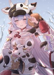 Rule 34 | 1girl, absurdres, animal, animal print, blue hair, breasts, catura (granblue fantasy), commentary request, cow, cow hood, cow print, cow print sleeves, detached sleeves, draph, granblue fantasy, highres, holding, holding animal, large breasts, long hair, multicolored hair, pink eyes, pink hair, see-through, smile, snow, solo, takanishi takashi, thick eyebrows