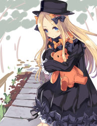 Rule 34 | 1girl, abigail williams (fate), absurdres, black bow, black dress, black hat, blonde hair, blue eyes, blush, bow, dress, fate/grand order, fate (series), hair bow, hands in opposite sleeves, hat, highres, hugging object, long hair, long sleeves, normaland, orange bow, smile, solo, stuffed animal, stuffed toy, teddy bear, very long hair