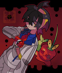 Rule 34 | 1boy, ahoge, black hair, blue shirt, closed mouth, collared shirt, commentary request, creatures (company), crossed bangs, dipplin, frown, game freak, gloves, hairband, hand up, highres, holding, holding poke ball, jacket, kieran (pokemon), male focus, necktie, nintendo, outline, partially fingerless gloves, poke ball, poke ball (basic), pokemon, pokemon (creature), pokemon sv, red background, red gloves, red necktie, shaded face, shirt, short hair, shorts, sideways glance, sutokame, white jacket, white shorts, yellow eyes, yellow hairband