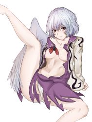 Rule 34 | 1girl, absurdres, arm support, bare legs, barefoot, blush, bow, bowtie, breasts, breasts apart, closed mouth, collarbone, graphite (medium), grey hair, grey wings, highres, jacket, kishin sagume, kneepits, knees, kuropan122, leaning back, leg up, long sleeves, looking at viewer, mechanical pencil, medium breasts, navel, no bra, nose, off shoulder, open clothes, open jacket, open shirt, panties, pencil, purple shirt, purple skirt, red eyes, shirt, short hair, simple background, single wing, sitting, skirt, solo, spread legs, stomach, thighs, touhou, traditional media, underboob, underwear, white background, white panties, wings