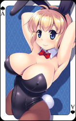 Rule 34 | 1girl, animal ears, armpits, arms behind head, arms up, blonde hair, blue eyes, blush, bow, bowtie, breasts, card, cleavage, covered erect nipples, curvy, detached collar, fake animal ears, female focus, fishnet pantyhose, fishnets, huge breasts, kanisaka, original, pantyhose, playboy bunny, playing card, rabbit ears, rabbit tail, short hair, smile, solo, tail, wide hips, wrist cuffs