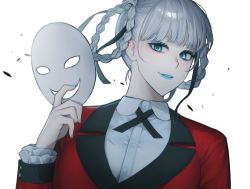 Rule 34 | 1girl, absurdres, bamme o3o, black ribbon, braid, braided hair rings, collared shirt, commentary, dress shirt, frills, grey eyes, hair ribbon, highres, holding, holding mask, jacket, kakegurui, lipstick, long sleeves, looking at viewer, makeup, mask, momobami kirari, red jacket, ribbon, shirt, short hair, simple background, smile, solo, symbol-only commentary, teeth, upper body, white background