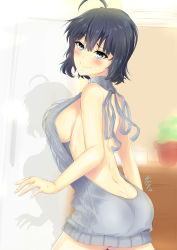 Rule 34 | 1girl, ass, back, backless dress, backless outfit, bare back, blush, breasts, butt crack, cowboy shot, dress, from behind, halterneck, highres, keikyu (tiltedcube), large breasts, looking at viewer, looking back, meme attire, naked sweater, original, ribbed sweater, short hair, sideboob, smile, solo, sweater, sweater dress, turtleneck, turtleneck sweater, virgin killer sweater