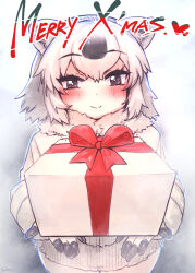 Rule 34 | absurdres, anchors (mono eye os), animal ears, bear ears, bear girl, black gloves, black hair, blush, brown eyes, christmas, christmas present, coat, commentary request, fur trim, gift, gloves, highres, kemono friends, long sleeves, looking at viewer, merry christmas, multicolored hair, polar bear (kemono friends), short hair, two-tone gloves, two-tone hair, white coat, white fur, white gloves, white hair, winter clothes, winter coat