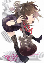 Rule 34 | 1girl, bad id, bad pixiv id, brown hair, dress, electric guitar, guitar, highres, instrument, jewelry, maejima, mouth hold, no panties, original, plectrum, purple eyes, see-through, solo, thighhighs, white background