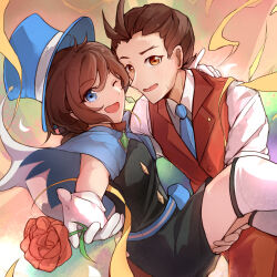 Rule 34 | 1boy, 1girl, ;d, ace attorney, antenna hair, apollo justice, apollo justice: ace attorney, arm around neck, black shirt, black skirt, blue cape, blue eyes, blue headwear, blue necktie, brother and sister, brown eyes, brown hair, buttons, cape, carrying, chinese commentary, collared shirt, commentary request, cowboy shot, diamond button, dutch angle, floating clothes, flower, frown, gem, gloves, green gemstone, hair between eyes, hair slicked back, happy, hat, holding, holding flower, light blush, looking at viewer, magician, necktie, one eye closed, open mouth, pencil skirt, princess carry, reaching, reaching towards viewer, red flower, red rose, red vest, ribbon, rose, shirt, short hair, siblings, simple background, skirt, smile, sweatdrop, tataraduck, top hat, trucy wright, tsurime, vest, white gloves, white shirt, yellow ribbon