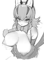 Rule 34 | 1girl, absurdres, animal ears, blush, bow, bowtie, breasts, breasts out, caracal (kemono friends), caracal ears, cleavage, clothes pull, commentary request, elbow gloves, extra ears, flipped hair, gloves, greyscale, highres, kemono friends, large breasts, looking at viewer, monochrome, nipples, open mouth, shibori kasu, shirt, shirt pull, short hair, skirt, sleeveless, solo, tail, traditional bowtie