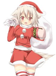 Rule 34 | 1girl, animal ears, bad id, bad pixiv id, christmas, efe, face, female focus, gift, hat, inubashiri momiji, mittens, open mouth, red eyes, sack, santa costume, santa hat, short hair, solo, striped clothes, striped thighhighs, tail, thighhighs, touhou, white hair, wolf ears, wolf tail