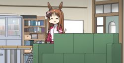 Rule 34 | 1girl, 1koma, animal ears, binder, blue bow, bow, brown hair, cabinet, chair, comic, couch, ear bow, false smile, folding chair, grass wonder (umamusume), hamu koutarou, highres, horse ears, horse girl, indoors, light brown hair, long hair, motion lines, red bow, red track suit, shelf, sidelocks, silent comic, smile, solo, striped, striped bow, table, toolbox, two-tone bow, umamusume, whiteboard