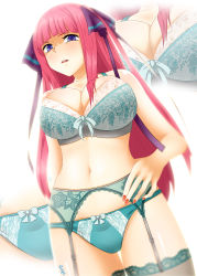 1girl bare_shoulders blue_eyes blunt_bangs bra breasts cleavage collarbone garter_belt go-toubun_no_hanayome green_bra green_panties hair_ribbon hand_on_own_hip highres large_breasts lingerie long_hair looking_at_viewer lukmanscootkenn multiple_views nail_polish nakano_nino navel panties pink_hair ribbon shaded_face stomach thighhighs thighs underwear