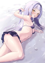 Rule 34 | 1girl, absurdres, arched bangs, bikini, bikini skirt, blush, breasts, chain, grey hair, head chain, highres, hololive, jewelry, left (left sio), long hair, looking at viewer, lying, murasaki shion, murasaki shion (hololive summer 2019), navel, on side, open mouth, purple bikini, purple skirt, sidelocks, skirt, small breasts, smile, solo, swimsuit, virtual youtuber, water, wet, yellow eyes