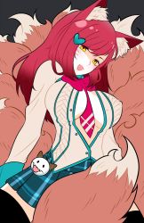Rule 34 | 1girl, academy ahri, ahri (league of legends), animal ears, between breasts, black thighhighs, blush, breasts, facial mark, fang, fox ears, fox tail, hair ornament, hairclip, heart, heart hair ornament, large breasts, league of legends, long hair, looking at viewer, looking down, multiple tails, necktie, necktie between breasts, open clothes, open mouth, red hair, school uniform, skirt, solo, tail, thighhighs, whisker markings, yellow eyes