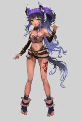 Rule 34 | 1girl, animal ears, bare legs, bare shoulders, belt, belt buckle, belt collar, blush, body markings, breasts, bridal gauntlets, bridal legwear, buckle, character request, choker, crop top, fang, feet, fujiya takao, grey background, grey hair, highres, jewelry, long bangs, long eyelashes, long hair, medium breasts, midriff, multicolored hair, multiple belts, navel, open mouth, original, patterned clothing, pinky out, ponytail, purple hair, revealing clothes, ring, silver ring, smile, tan, toe ring, toeless legwear, toenails, toes, tongue, white hair, wolf ears, yellow eyes