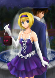 Rule 34 | 00s, 1boy, 1girl, back-to-back, bare shoulders, blonde hair, collarbone, couple, dress, formal, fountain, gundam, gundam 00, layered skirt, looking at viewer, louise halevy, outdoors, pants, purple dress, purple eyes, setsuna f. seiei, short hair, standing, suit, w rong, water