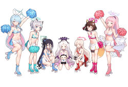 Rule 34 | 1boy, 6+girls, :d, ^ ^, absurdly long hair, absurdres, ahoge, alternate costume, alternate hairstyle, angel wings, animal ear fluff, animal ears, aqua hair, aris (blue archive), arm up, armpits, arms behind back, binoculars, black hair, blue archive, blue eyes, blunt bangs, blurry, blush, braid, breasts, brown hair, cheerleader, cleavage, closed eyes, colored inner hair, commentary request, cross hair ornament, demon girl, demon horns, demon wings, depth of field, detached collar, doodle sensei (blue archive), extra ears, feathered wings, fox ears, fox girl, fox hair ornament, fox tail, french braid, general student council president (blue archive), gloves, grey hair, hair between eyes, hair ornament, hair over one eye, hair scrunchie, hairclip, halo, highres, hina (blue archive), holding, holding binoculars, holding pom poms, horns, izuna (blue archive), kneeling, leaning forward, long hair, looking at another, looking at viewer, medium breasts, medium hair, mika (blue archive), millennium cheerleader outfit (blue archive), multicolored hair, multiple girls, navel, nodoka (blue archive), official alternate hairstyle, okazakileo, on one knee, one side up, open mouth, parted bangs, pink hair, pleated skirt, pom pom (cheerleading), pom poms, ponytail, roller skates, scrunchie, sensei (blue archive), shiroko (blue archive), sidelocks, simple background, single braid, sitting, sitting on lap, sitting on person, size difference, skates, skirt, small breasts, smile, standing, standing on one leg, stomach, tail, two-tone hair, very long hair, wavy hair, white background, white gloves, white hair, white wings, wings, wolf ears, wolf girl