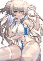 Rule 34 | 1girl, blue eyes, blush, breasts, dokyuu hentai hxeros, fujisaki eru, highres, jewelry, long hair, looking at viewer, medium breasts, necklace, open mouth, pantyhose, silver hair, simple background, sleeveless, smile, solo, tenkuuji sora, thick thighs, thighhighs, thighs, twintails, v, white pantyhose