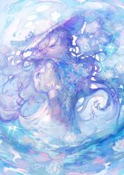 Rule 34 | 1girl, blue flower, bow, flower, frown, hat, hat bow, hat ribbon, highres, holding, holding flower, impressionism, lace trim, long hair, open mouth, original, orokudesu, partially submerged, pastel colors, puffy short sleeves, puffy sleeves, purple eyes, purple flower, purple hair, purple theme, ribbon, shirt, short sleeves, solo, sparkle, sweatdrop, water, water drop, water lily flower, wavy hair, white shirt, wide brim