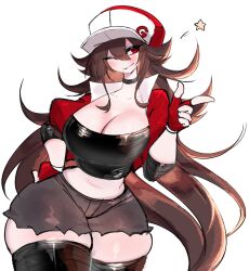 Rule 34 | baseball cap, breasts, brown hair, choker, cleavage, cosplay, creatures (company), crop top, friday night funkin&#039;, game freak, girlfriend (friday night funkin&#039;), hand on own hip, hat, highres, jacket, large breasts, long hair, messy hair, midriff, navel, nintendo, one eye closed, open clothes, open jacket, pokemon, red eyes, red jacket, seductive smile, shorts, smile, star (symbol), thick thighs, thighhighs, thighs, usa37107692, very long hair, wide hips, wink, zettai ryouiki