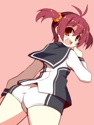 Rule 34 | 1girl, :d, ahoge, ass, blush, from behind, highres, isshiki akane, looking back, nanateru, open mouth, orange eyes, red hair, school uniform, short shorts, shorts, smile, solo, twintails, vividred operation