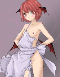 Rule 34 | apron, blush, breasts, hanem0n, head wings, koakuma, naked apron, pussy, red eyes, red hair, small breasts, tagme, touhou, uncensored, wings