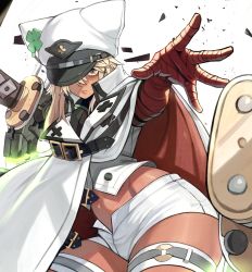 Rule 34 | 1girl, absurdres, belt, belt buckle, blonde hair, buckle, cape, carcass (artist), clover, dark skin, dark-skinned female, four-leaf clover, guilty gear, guilty gear strive, hat, highres, looking at viewer, midriff, o-ring, ramlethal valentine, shorts, sword, thigh strap, weapon, white cape, white headwear, white shorts, yellow eyes