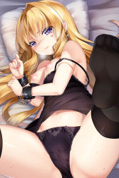 Rule 34 | 1girl, ass, bad id, bad pixiv id, bare shoulders, bdsm, bed, black panties, black thighhighs, blonde hair, blue eyes, blush, bondage, bound, bow, bow panties, breasts, chain, cuffs, delores (mvv), earrings, feet, hair between eyes, heart, heart tattoo, highres, jewelry, long hair, looking at viewer, lying, mvv, navel, nipples, off shoulder, original, panties, pillow, shackles, soles, solo, spread legs, tattoo, thighhighs, underwear