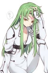 Rule 34 | 1girl, bodysuit, breasts, c.c., cleavage, closed mouth, code geass, collarbone, covered erect nipples, creayus, facial mark, green hair, hand in own hair, highres, long hair, long sleeves, looking down, medium breasts, open bodysuit, open clothes, simple background, sitting, solo, speech bubble, straight hair, very long hair, white background, white bodysuit, yellow eyes