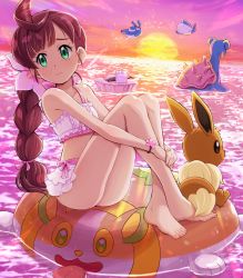 Rule 34 | 1girl, absurdres, afloat, ahoge, ass, bare legs, barefoot, bracelet, braid, braided ponytail, brown hair, character print, chloe (pokemon), closed mouth, collarbone, commentary request, creatures (company), crossed ankles, eevee, eiscue, eiscue (ice), eyelashes, flower, frills, frown, full body, game freak, gen 1 pokemon, gen 4 pokemon, gen 8 pokemon, green eyes, hair flower, hair ornament, highres, innertube, jewelry, knees, lapras, long hair, looking to the side, mantyke, nintendo, outdoors, own hands together, pink flower, pokemoa, pokemon, pokemon (anime), pokemon (creature), pokemon journeys, revision, sitting, sky, sunset, swim ring, swimsuit, tentacool, toes, twilight, water, yamper