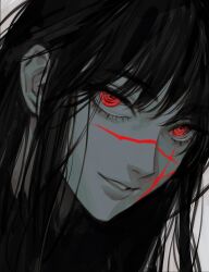 Rule 34 | 1girl, @ @, black hair, chainsaw man, cross scar, eyelashes, facial scar, greyscale, highres, leedare614, long hair, looking at viewer, monochrome, parted lips, portrait, red eyes, scar, scar on cheek, scar on face, simple background, smile, solo, yoru (chainsaw man)