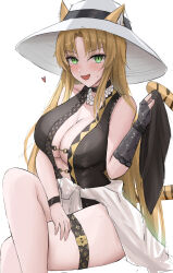 Rule 34 | 1girl, :d, absurdres, animal ears, arknights, black one-piece swimsuit, blonde hair, blush, breasts, center opening, cleavage, clothes around waist, crossed legs, ears through headwear, fang, green eyes, hat, highres, holding clothes, holding shorts, invisible chair, large breasts, long hair, namikare, official alternate costume, one-piece swimsuit, open mouth, shirt, shirt around waist, shorts, simple background, sitting, skin fang, smile, solo, swimsuit, swire (arknights), tail, tiger ears, tiger girl, tiger tail, unworn shorts, very long hair, white background, white hat