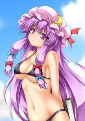Rule 34 | 1girl, alternate costume, arms behind back, bikini, black bikini, blush, book, bow, breasts, cleavage, crescent, hat, long hair, looking at viewer, navel, parted lips, patchouli knowledge, purple eyes, purple hair, roura, solo, strap gap, swimsuit, touhou