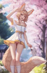 Rule 34 | 1girl, :d, ahoge, animal ear piercing, animal ears, arm up, bag, braid, brown eyes, brown hair, cherry blossoms, cleft of venus, dress, earrings, exhibitionism, fangs, feet out of frame, flat chest, fox ears, fox girl, fox tail, handbag, highres, holding, holding bag, jewelry, khiara (personal ami), large tail, looking at viewer, medium hair, no panties, off-shoulder dress, off shoulder, open mouth, original, outdoors, personal ami, public indecency, pussy, side braids, signature, smile, socks, solo, tail, teeth, uncensored, upper teeth only, white dress, white socks