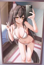 Rule 34 | 1girl, absurdres, animal ear fluff, animal ears, arknights, bedroom, bikini, black hair, black nails, breasts, cellphone, closed mouth, collarbone, crossed bangs, dokimaru, fingernails, highres, holding, holding phone, iphone, large breasts, leaning forward, long hair, mirror, multicolored hair, nail polish, navel, phone, reflection, selfie, smartphone, streaked hair, swimsuit, tail, texas (arknights), thighs, v, white bikini, wolf ears, wolf girl, wolf tail, yellow eyes