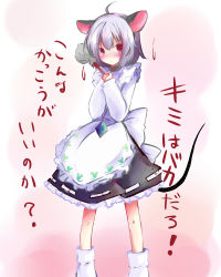 Rule 34 | 1girl, ahoge, alternate costume, animal ears, apron, blush, duster, enmaided, female focus, gradient background, grey hair, highres, jewelry, maid, maid apron, mouse ears, mouse tail, nazrin, pendant, red eyes, shichinose, short hair, solo, sweatdrop, tail, touhou, translation request, white background