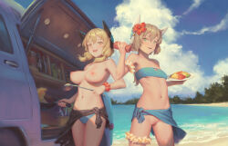 Rule 34 | 2girls, :d, beach, bigrbear, bikini, bikini top only, blonde hair, blue bikini, blue sky, blush, breasts, brown hair, car, cleft of venus, cloud, commentary request, day, flower, food, green eyes, hair flower, hair ornament, highres, holding, holding ladle, holding plate, ketchup, ladle, large breasts, looking at viewer, motor vehicle, multiple girls, navel, nipples, ocean, omelet, omurice, open mouth, original, outdoors, plate, pussy, red flower, sarong, short hair, short twintails, sky, small breasts, smile, standing, swimsuit, topless, twintails, uncensored, yellow eyes