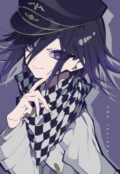 Rule 34 | 1boy, absurdres, black headwear, black scarf, buttons, character name, checkered clothes, checkered scarf, commentary, danganronpa (series), danganronpa v3: killing harmony, flipped hair, grey background, grey jacket, grey scarf, hair between eyes, hand up, highres, jacket, long fingers, long sleeves, looking at viewer, male focus, mochizuki kei, oma kokichi, purple background, purple eyes, purple hair, scarf, short hair, smile, solo