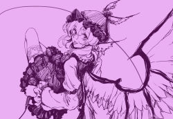Rule 34 | 1girl, animal ears, bird ears, bird wings, bow, feathered wings, frilled sleeves, frills, highres, holding, holding microphone, juliet sleeves, long sleeves, looking at viewer, microphone, monochrome, mystia lorelei, puffy sleeves, purple theme, short hair, simple background, sketch, skirt, skirt set, smile, solo, stank, touhou, wings