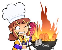 Rule 34 | 1girl, a hat in time, alternate headwear, apron, brown hair, cape, chef hat, child, clenched teeth, commentary, english commentary, fire, fire light, food, food art, food with face, grill, hat, hat kid, holding, holding spatula, jacket, jenna brown, long sleeves, looking at object, mittens, official art, one eye closed, open mouth, oven mitts, plaid clothes, plaid mittens, plaid oven mitts, ponytail, purple jacket, red mittens, red oven mitts, sidelocks, simple background, single mitten, solo, spatula, tako-san wiener, teeth, transparent background, upper body, white apron, white hat, yellow cape, zipper pull tab