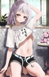 Rule 34 | 1girl, alternate costume, arm up, bare legs, barefoot, belt, black shorts, blunt bangs, braid, breasts, commentary request, crop top, grey hair, highres, hololive, kneeling, long hair, looking at viewer, low twintails, midriff, murasaki shion, navel, open belt, open fly, shirt, short eyebrows, shorts, side braid, small breasts, smile, solo, stuffed animal, stuffed toy, t-shirt, teddy bear, tied shirt, twintails, underboob, virtual youtuber, wakaunderblade7, yellow eyes