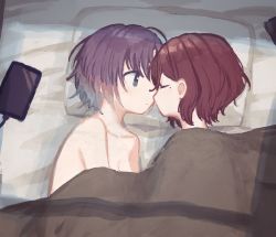 Rule 34 | 2girls, asakura toru, bed, bed sheet, brown hair, cellphone, closed mouth, collarbone, closed eyes, gradient hair, grey hair, highres, higuchi madoka, idolmaster, idolmaster shiny colors, looking at another, lying, mole, mole under eye, multicolored hair, multiple girls, naked sheet, nonaprev, on side, phone, pillow, profile, yuri