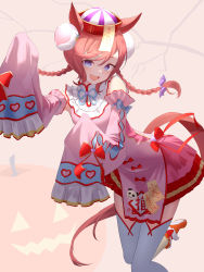 Rule 34 | 1girl, absurdres, agnes digital (lovely jiangshi) (umamusume), agnes digital (umamusume), animal ears, blouse, blue eyes, blue ribbon, braid, bun cover, chinese clothes, commentary, double bun, hair bun, hair ribbon, halloween, halloween costume, hat, head tilt, highres, horse ears, horse girl, horse tail, jack-o&#039;-lantern, jiangshi costume, katuko deluxe, long hair, looking at viewer, miniskirt, official alternate costume, ofuda, open mouth, outstretched arms, pink hair, pink shirt, pink sleeves, pleated skirt, purple eyes, qingdai guanmao, red footwear, red hat, red skirt, ribbon, shirt, shoes, single horizontal stripe, skirt, sleeveless, sleeveless shirt, sleeves past fingers, sleeves past wrists, smile, solo, standing, tail, thighhighs, twin braids, twintails, umamusume, white thighhighs, zombie pose