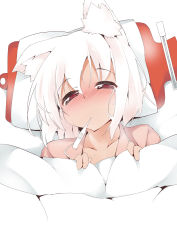 Rule 34 | 1girl, animal ears, blanket, blush, collarbone, digital thermometer, half-closed eyes, hot water bottle, inubashiri momiji, red eyes, sick, silver hair, solo, sweat, terazip, thermometer, touhou, under covers, wolf ears