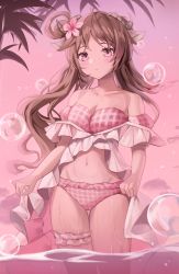 Rule 34 | 1girl, absurdres, animal ears, arknights, bikini, blush, breasts, brown hair, bubble, cleavage, cloud, collarbone, commentary, cowboy shot, eyjafjalla (arknights), eyjafjalla (summer flower) (arknights), flower, hair flower, hair ornament, highres, horns, long hair, looking at viewer, medium breasts, mungduck, navel, off-shoulder bikini, off shoulder, official alternate costume, pink bikini, pink eyes, pink flower, pink sky, pink theme, pink water, sheep ears, sheep girl, sheep horns, shirt, sky, solo, stomach, swimsuit, swimsuit cover-up, thigh strap, thighs, tree, wading, water, wet, white shirt