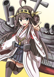 Rule 34 | 10s, 1girl, :d, bare shoulders, brown hair, detached sleeves, double bun, gotaishu, hair ornament, hairband, headgear, japanese clothes, kantai collection, kongou (kancolle), long hair, looking at viewer, miko, nontraditional miko, open mouth, personification, pleated skirt, raikou (gotaishu), ribbon-trimmed sleeves, ribbon trim, sitting, skirt, smile, solo