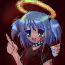 Rule 34 | 1girl, angel, ashtoberr, blood, blood in hair, blood on face, blush, bokusatsu tenshi dokuro-chan, chromatic aberration, commentary, english commentary, firealpaca, halo, highres, messy, mitsukai dokuro, pointing, pointing up, solo, watermark