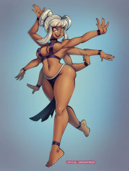 Rule 34 | 1girl, ahoge, artist name, ass, bare shoulders, bracelet, breasts, choker, dark-skinned female, dark skin, dice clan, extra arms, fang, female focus, full body, hei jan yuan, highres, jewelry, loincloth, looking at viewer, medium breasts, navel, nose, open mouth, patreon username, red eyes, shiny skin, sideboob, sidelocks, smileam, solo, solo focus, standing, supersatanson, teeth, thick eyebrows, walking, white hair, wide hips, yellow eyes