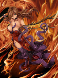 Rule 34 | 1girl, ass, bare shoulders, between breasts, breasts, breasts apart, brown hair, bustier, choker, cleavage, collarbone, consensual tentacles, covered erect nipples, crack, dress, elbow gloves, feathers, fire, flame master nyx, flame print, floating hair, from above, from side, funikura, gloves, green eyes, hair over one eye, high heels, highres, holding, large breasts, leg grab, light smile, long hair, looking at viewer, looking back, nyx (queen&#039;s blade), nyx (queen's blade), off shoulder, one-eyed, purple gloves, purple legwear, queen&#039;s blade, red dress, red eyes, shoes, side slit, sideboob, smile, solo, staff, standing, syunzou, tentacles, underwear, weapon